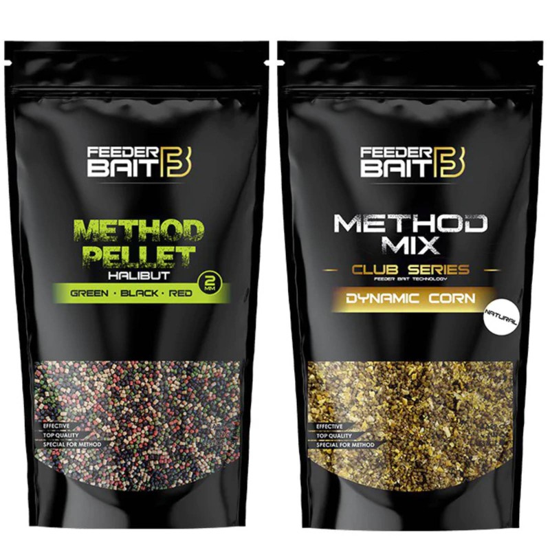 Zestaw Feeder Bait Pellet 2mm Halibut Green Black Red + Method Mix Dynamic Corn